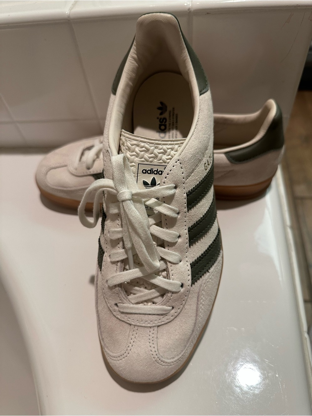 adidas Off-White Suede Sneakers with Dark Green Stripes… used once ..